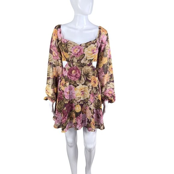 Showpo Women 6 Floral Mini Chiffon Cutout Dress Long Puff Sleeve Sweetheart Neck - Picture 9 of 16